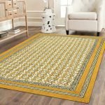 Hand Block Printed Jute Yellow Black Area Rug