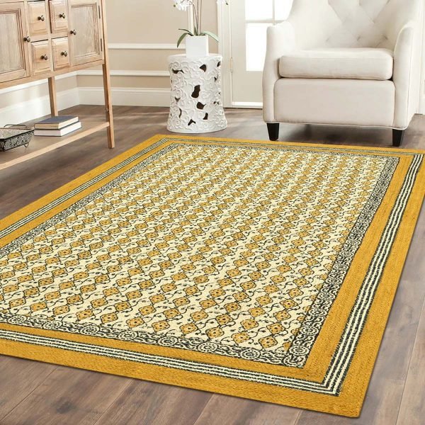 Hand Block Printed Jute Yellow Black Area Rug - Image 2