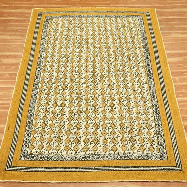 Hand Block Printed Jute Yellow Black Area Rug - Image 3