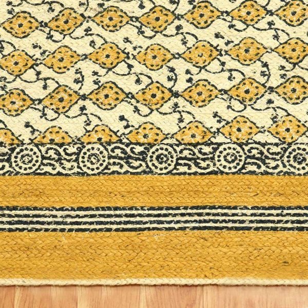 Hand Block Printed Jute Yellow Black Area Rug - Image 4