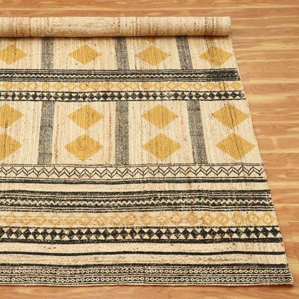 Hand Block Printed Jute Geometric Yellow Rug - Image 4