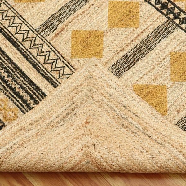 Hand Block Printed Jute Geometric Yellow Rug - Image 5