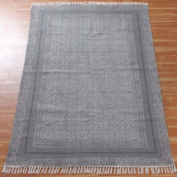 Hand Block Print Cotton Grey Office Area Rug - Image 3