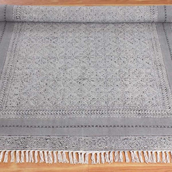 Hand Block Print Cotton Grey Office Area Rug - Image 6