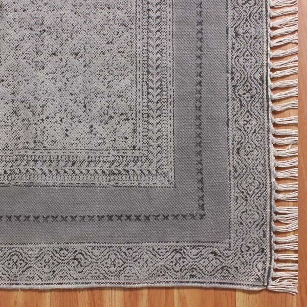 Hand Block Print Cotton Grey Office Area Rug - Image 7