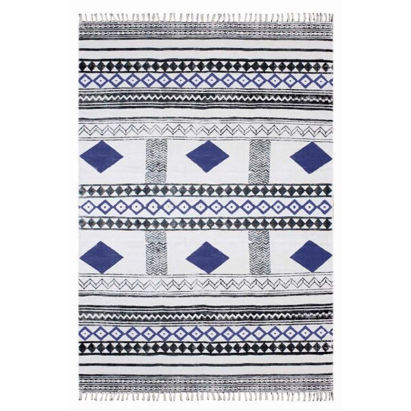 Hand Block Printed Blue Cotton Dining Rug
