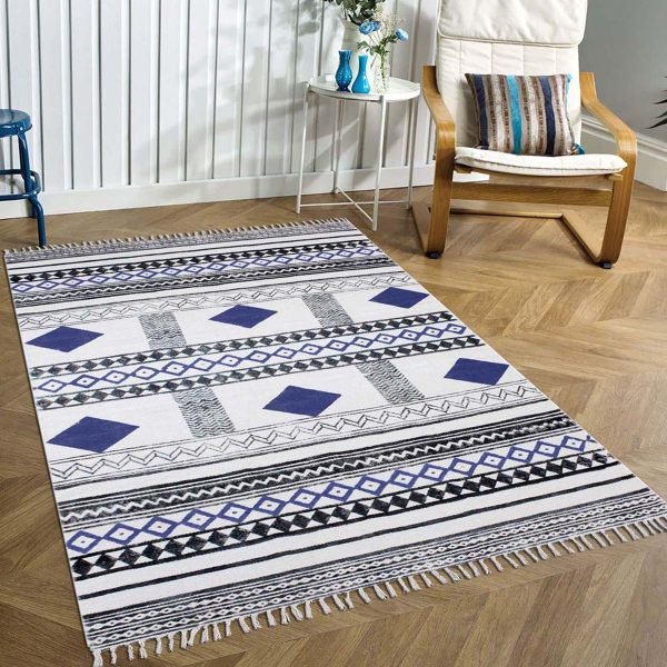Hand Block Printed Blue Cotton Dining Rug - Image 2