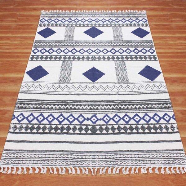 Hand Block Printed Blue Cotton Dining Rug - Image 3