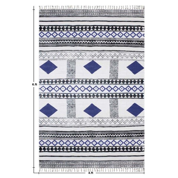 Hand Block Printed Blue Cotton Dining Rug - Image 7