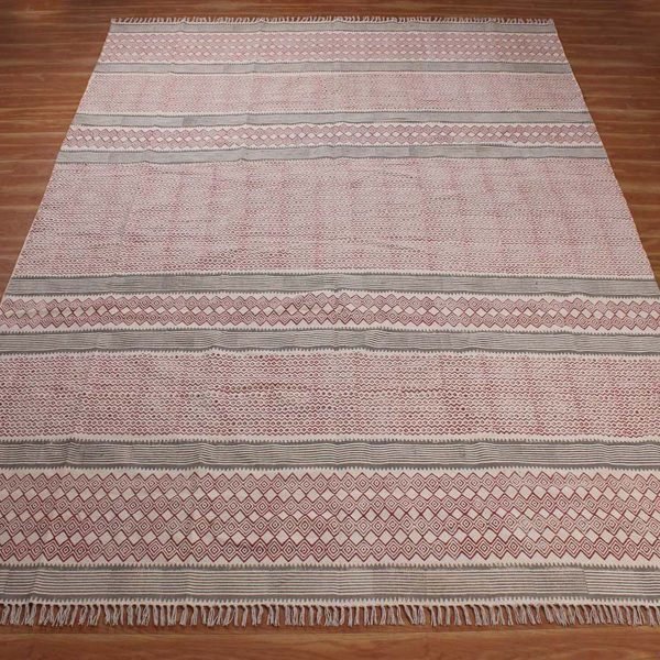 Hand Block Printed Red Cotton Bedroom Rug - Image 3