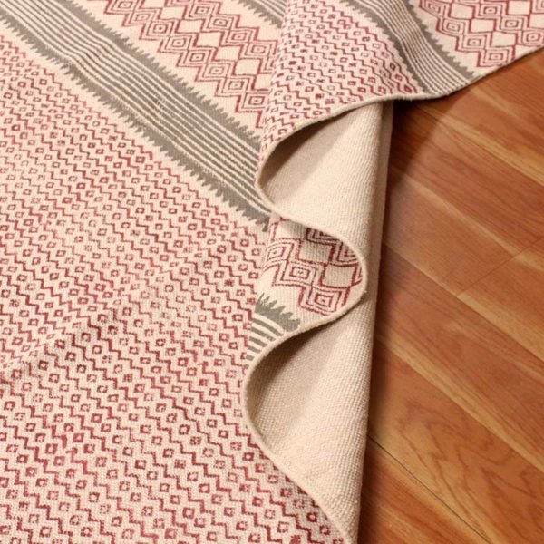 Hand Block Printed Red Cotton Bedroom Rug - Image 5