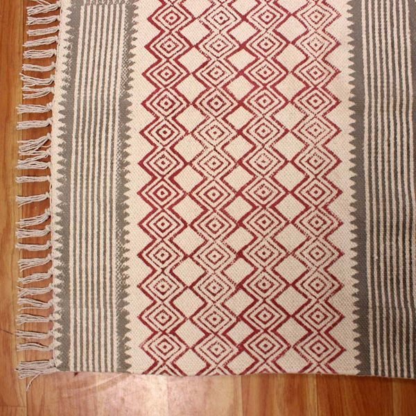 Hand Block Printed Red Cotton Bedroom Rug - Image 6