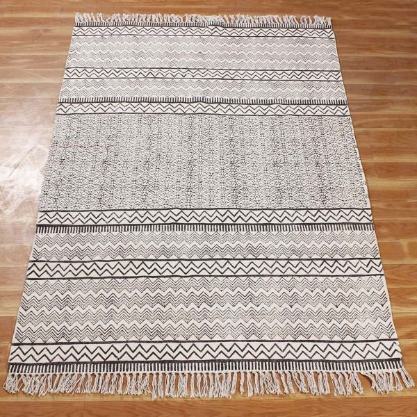 Block Printed Area Rug Black Cotton Dhurrie - Image 3