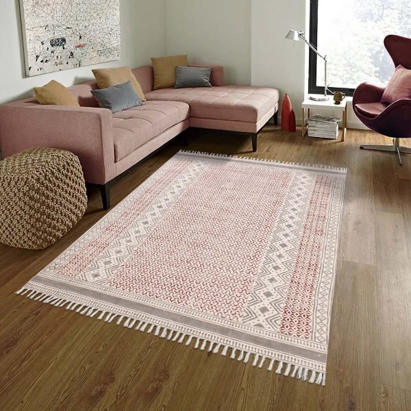 White Room Area Rug Hand Block Printed Cotton - Image 2