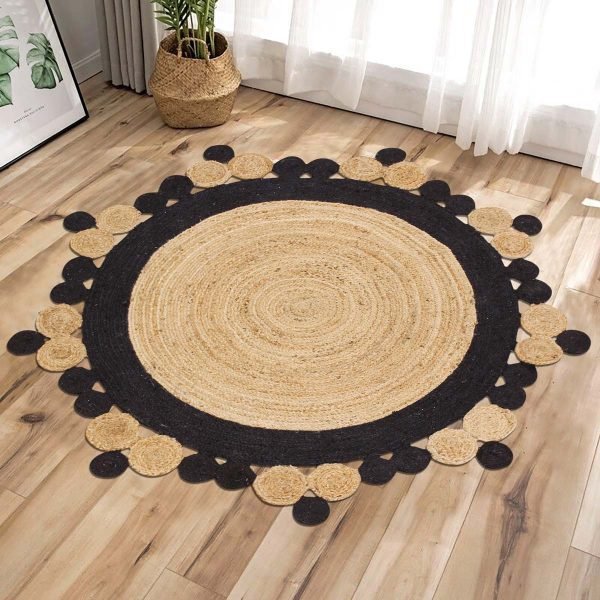 Handmade Beige Black Scalloped Front Door Round Rug - Image 2