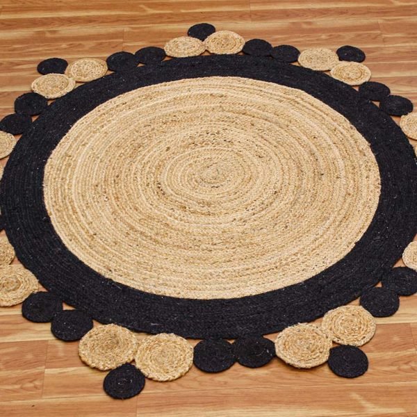 Handmade Beige Black Scalloped Front Door Round Rug - Image 3