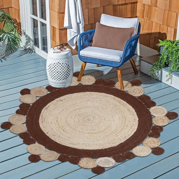 Handmade Beige Brown Scalloped Round Area Rug - Image 2