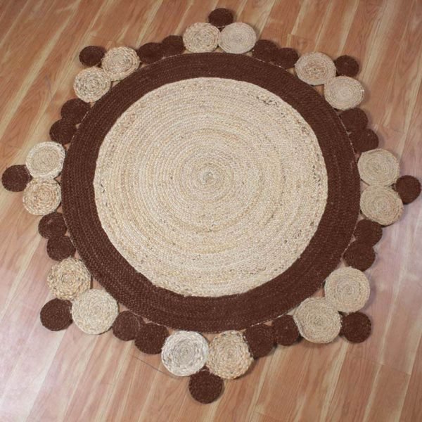 Handmade Beige Brown Scalloped Round Area Rug - Image 4