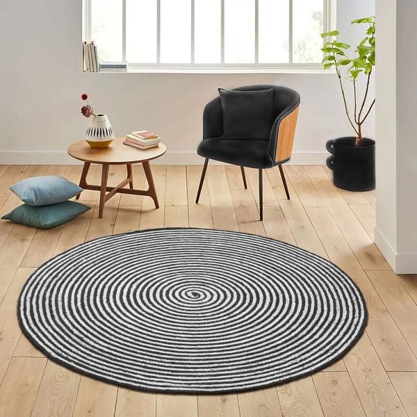 Hand Braided Jute Black White Striped Round Area Rug - Image 2