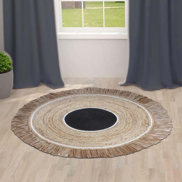 Handmade Black Beige Natural Jute Round Outdoor Area Rug - Image 2