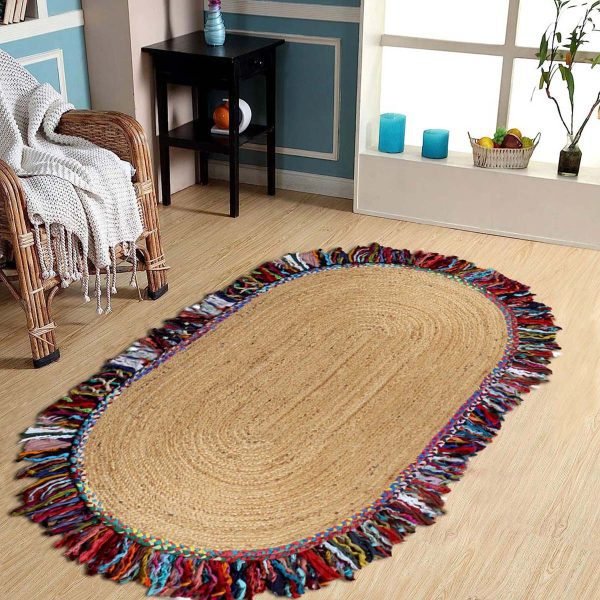 Jute And Cotton Handmade Multicolor Oval Outdoor Area Rug - Image 2