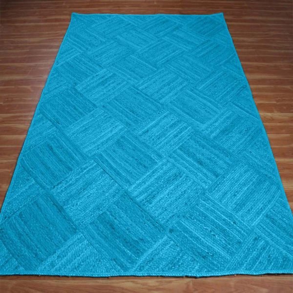 Natural Jute Handmade Rug with Turquoise Check Pattern - Image 3