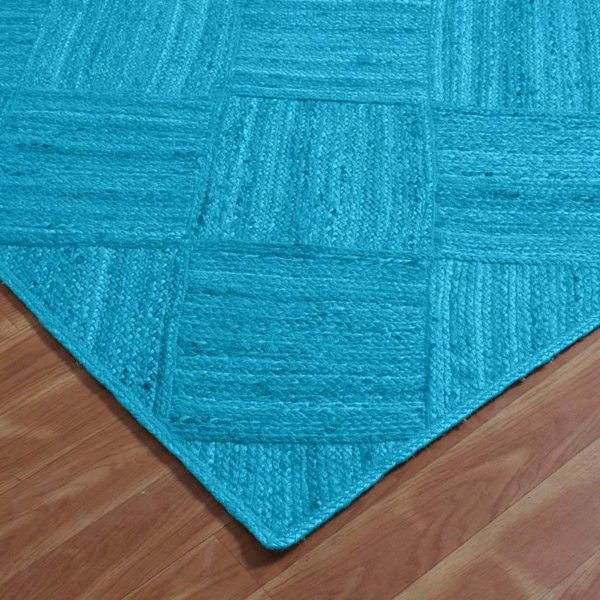 Natural Jute Handmade Rug with Turquoise Check Pattern - Image 4
