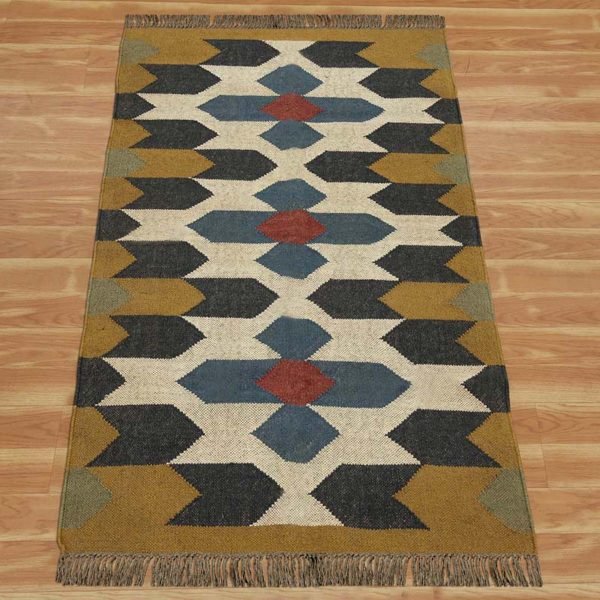 Hand Woven Wool Jute Kilim Yellow Area Rug - Image 3