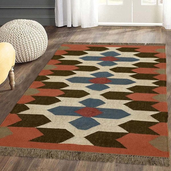 Geometric Wool Jute Kilim Handwoven Brown living Area Rug - Image 2