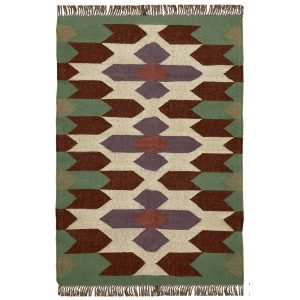 Handwoven Green Wool Jute Kilim Geometric Rug