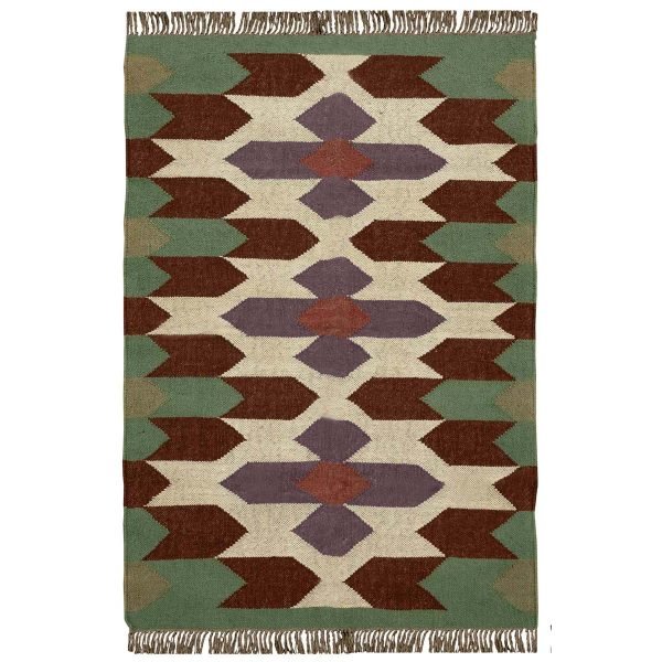 Handwoven Green Wool Jute Kilim Geometric Rug