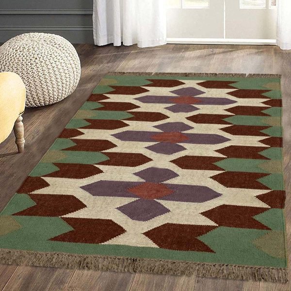 Handwoven Green Wool Jute Kilim Geometric Rug - Image 2