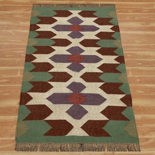 Handwoven Green Wool Jute Kilim Geometric Rug - Image 3