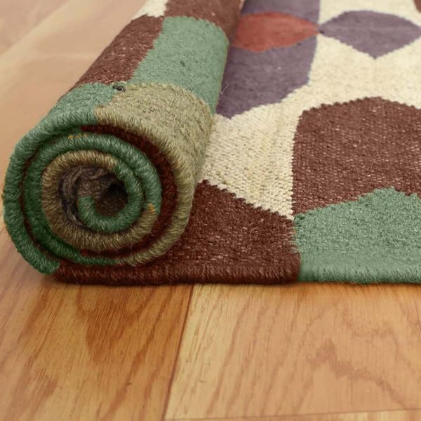 Handwoven Green Wool Jute Kilim Geometric Rug - Image 4