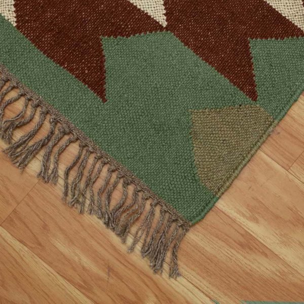 Handwoven Green Wool Jute Kilim Geometric Rug - Image 6