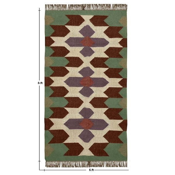 Handwoven Green Wool Jute Kilim Geometric Rug - Image 8