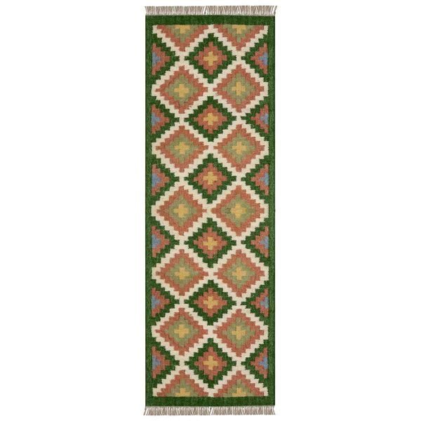 Wool and Jute Kilim Green Runner Area Rug