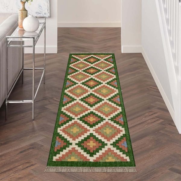 Wool and Jute Kilim Green Runner Area Rug - Image 2