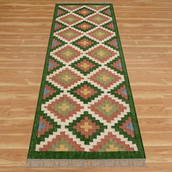 Wool and Jute Kilim Green Runner Area Rug - Image 3