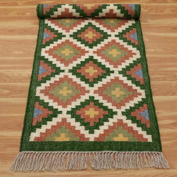 Wool and Jute Kilim Green Runner Area Rug - Image 6