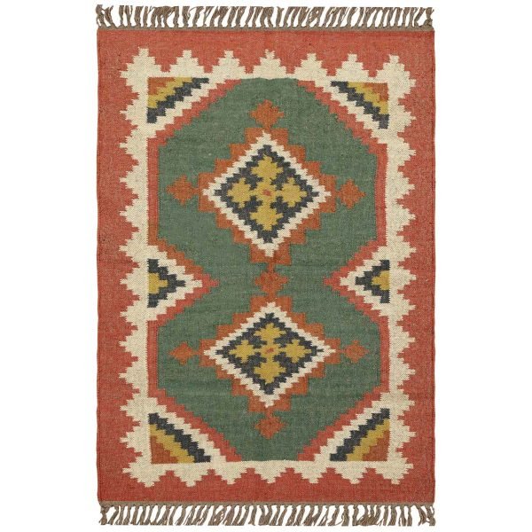 Wool Jute Green Hand woven Kilim Area Rug