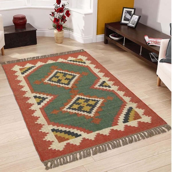 Wool Jute Green Hand woven Kilim Area Rug - Image 3