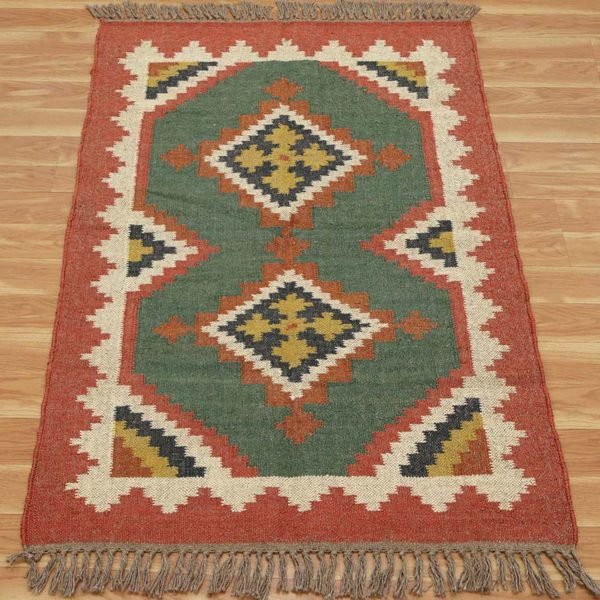Wool Jute Green Hand woven Kilim Area Rug - Image 4