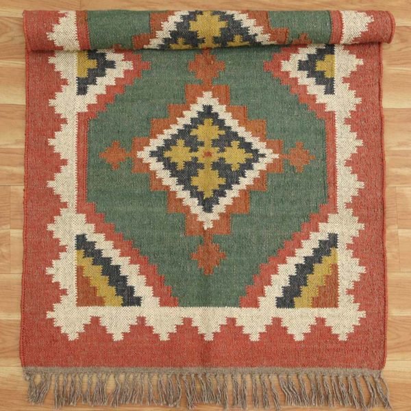 Wool Jute Green Hand woven Kilim Area Rug - Image 5
