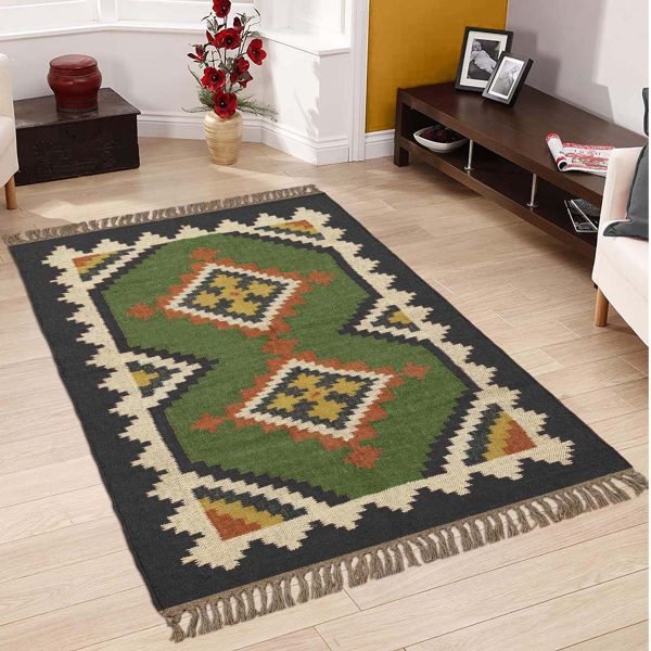 Wool Jute Green Handwoven Kilim Area Rug - Image 2