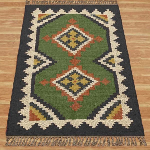 Wool Jute Green Handwoven Kilim Area Rug - Image 3