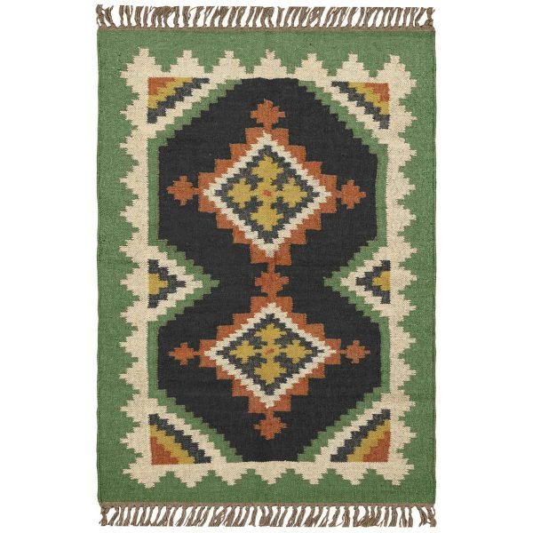 Green Handwoven Traditional Wool Jute Rug