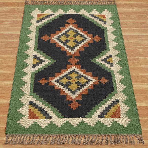Green Handwoven Traditional Wool Jute Rug - Image 3