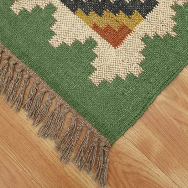 Green Handwoven Traditional Wool Jute Rug - Image 6