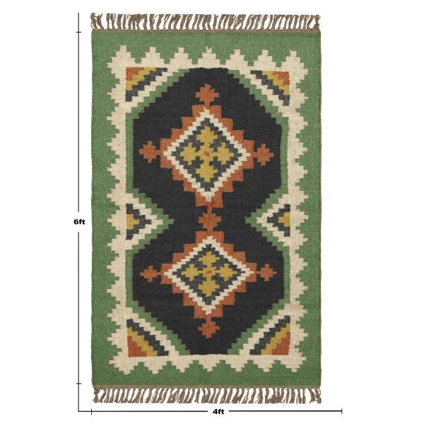 Green Handwoven Traditional Wool Jute Rug - Image 8